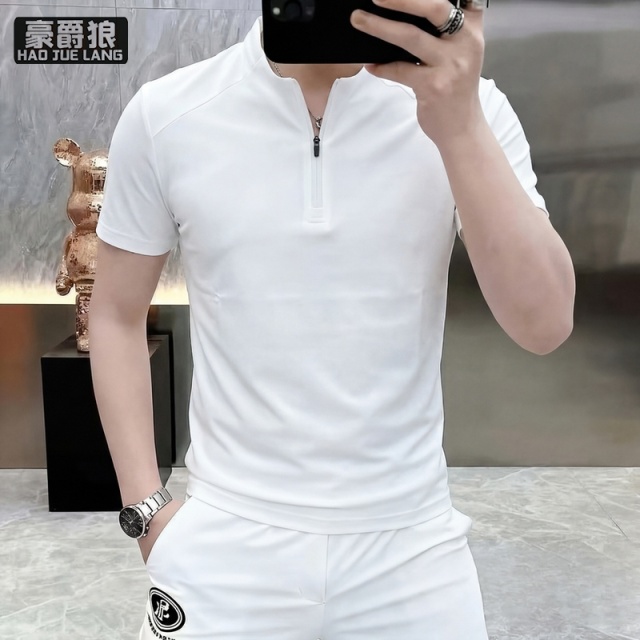 13551053.简约纯色上衣夏季潮流纯棉透气立领POLO衫男青年运动休闲短袖T恤