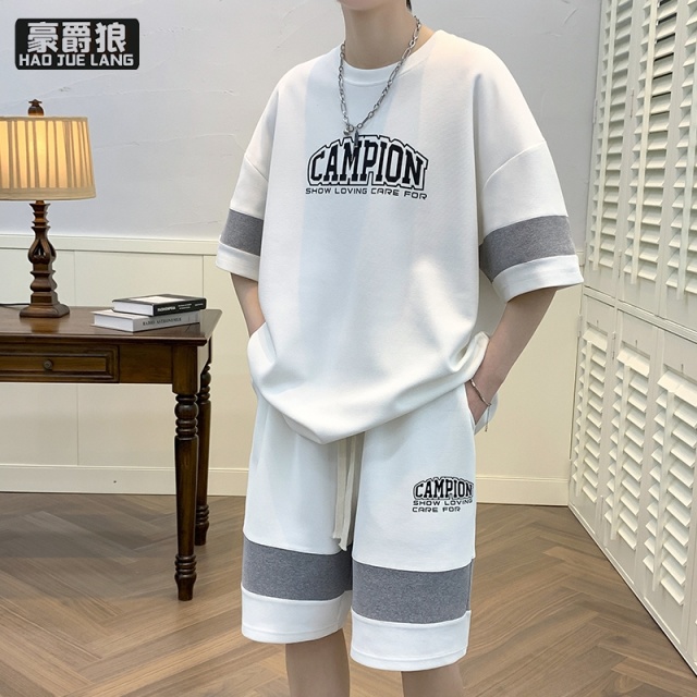 13551003.休闲运动套装男夏季短袖t恤男黑色半袖男体恤青少年一套帅气搭配T