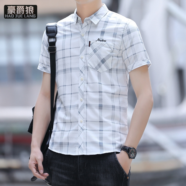 13551005.衬衫男短袖新款韩版潮流条纹夏季男士衬衣青年休闲半袖上衣服