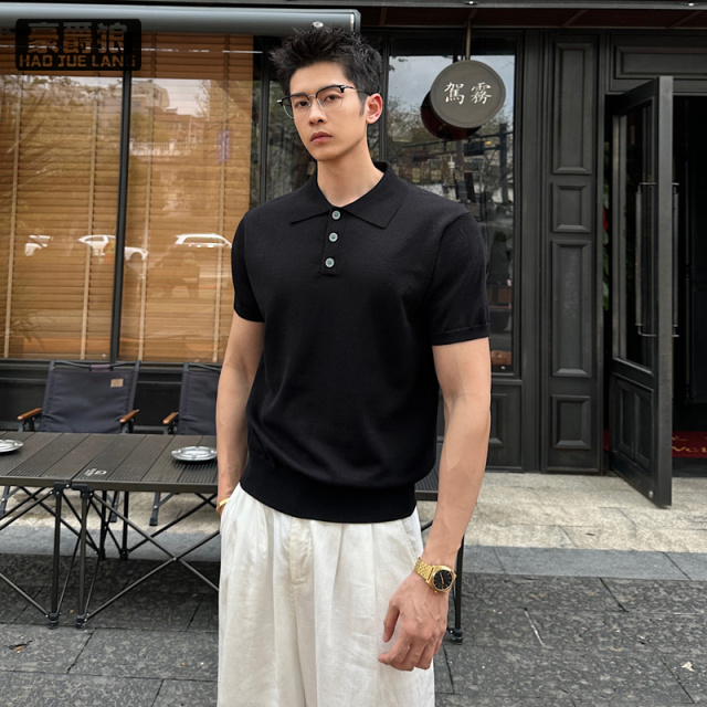 13551028.老钱风黑色针织POLO衫短袖男款夏季弹力正肩t恤高级感翻领半截袖
