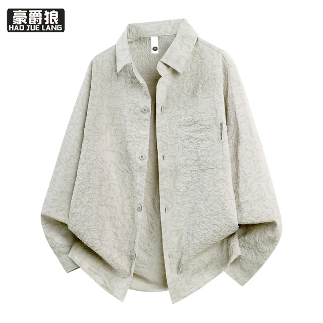13551043.米白色薄款长袖衬衫男塑料扣高考中考空调服青少年学生夏季防晒服