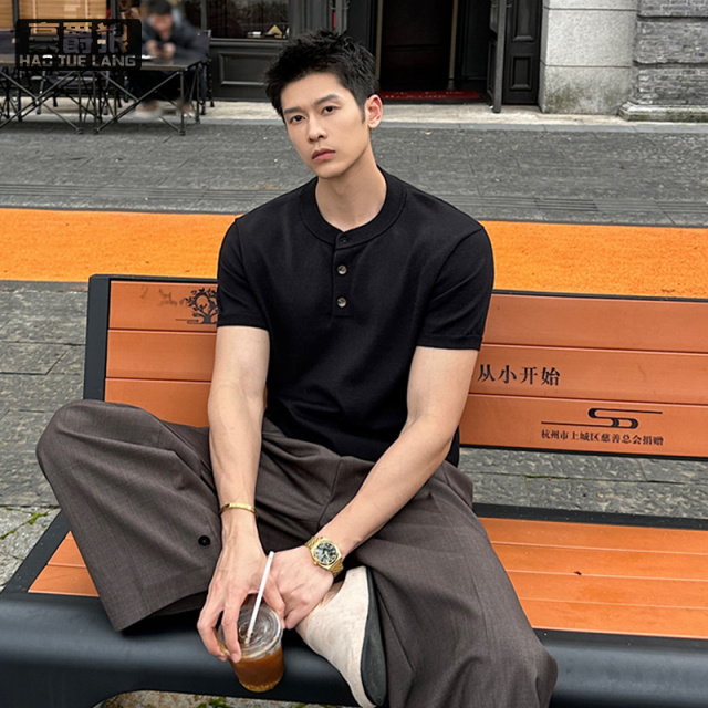 13551026.老钱风亨利领针织短袖T恤男夏季薄款透气潮牌高级感宽松半袖上衣