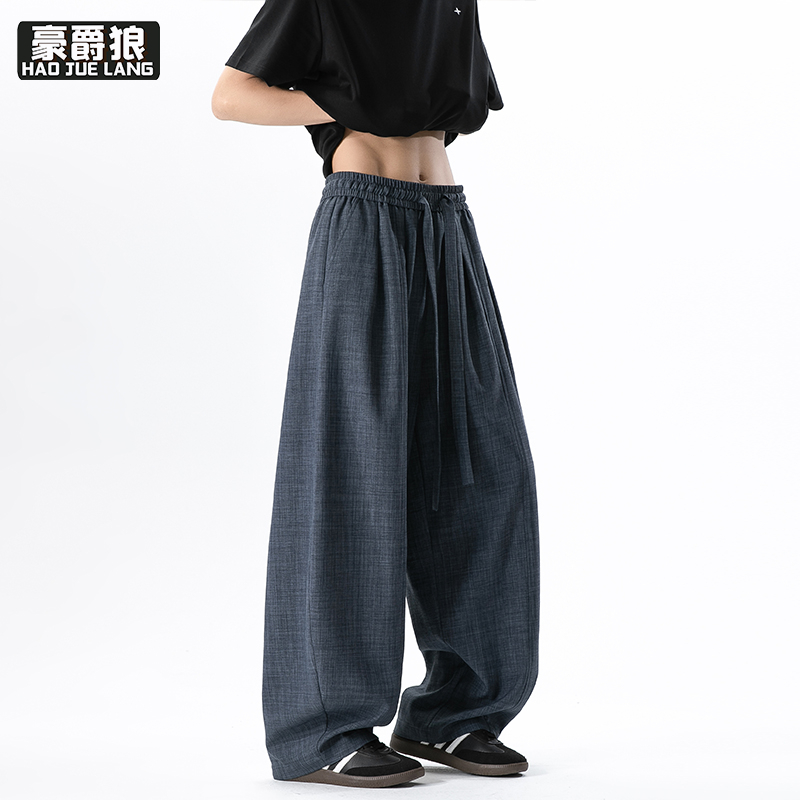 13551010.老钱风男装仿亚麻裤子男士穿搭夏季薄款垂感阔腿直筒宽松休闲长裤