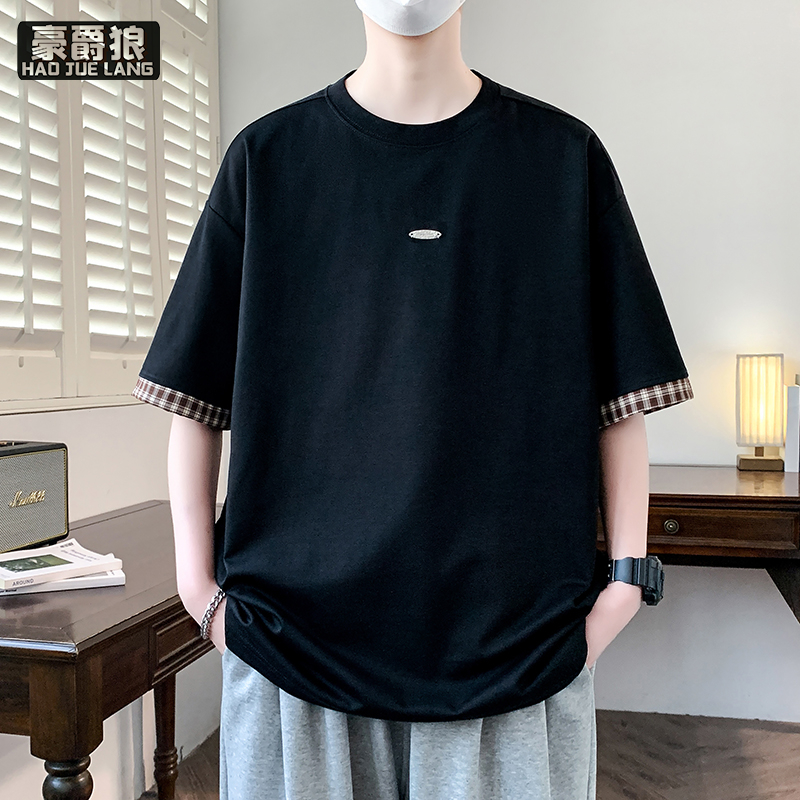 13551064.简约短袖T恤男夏季新款宽松格纹拼接半袖体恤休闲百搭男装上衣服