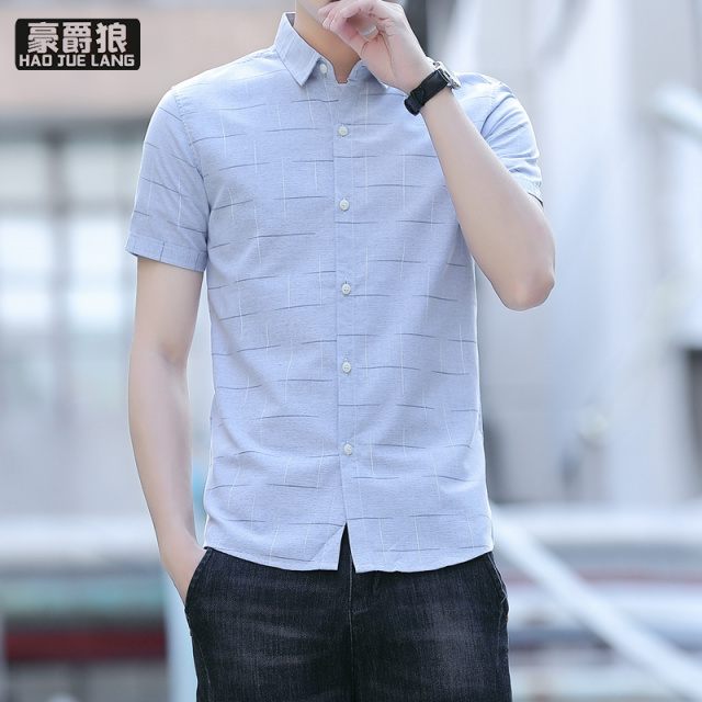 13551048.冰丝短袖衬衫男士夏季薄款休闲ins潮免烫上衣时尚商务修身衬衣男
