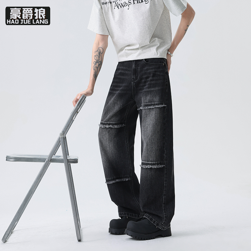 13550969.国潮牌美式复古毛边拼接牛仔裤宽松直筒拖地长裤子男