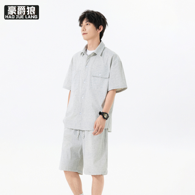 13550987.美式复古翻领短袖衬衫短裤两件套男女款夏季轻薄透气宽松工装套装