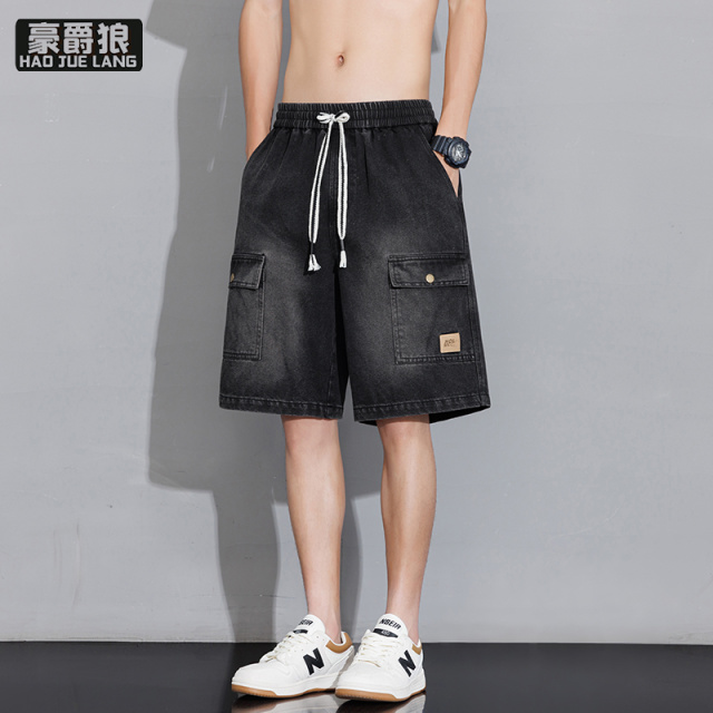 13551013.夏季美式工装水洗棉牛仔裤男士宽松休闲抽绳五分短裤