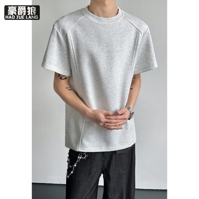13551039.美式高街解构纯色圆领短袖T恤男女潮牌夏季重磅休闲体恤