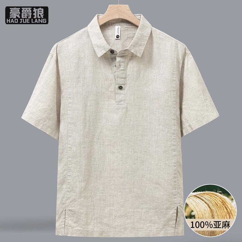 13551038.轻奢高档亚麻翻领短袖POLO衫男舒适夏季新款宽松百搭半袖衬衫T恤