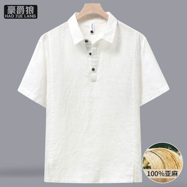 13551038.轻奢高档亚麻翻领短袖POLO衫男舒适夏季新款宽松百搭半袖衬衫T恤