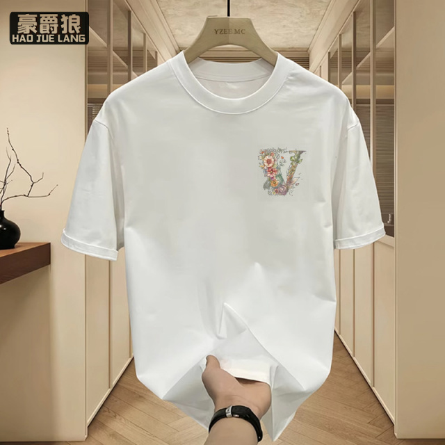 13550963.欧美潮牌花卉印花短袖T恤男夏季纯棉修身潮流上衣简约风半袖体恤