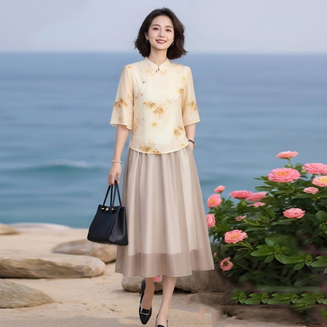 13567908.妈妈装中式复古衬衫+休闲半裙两件套装QJSHY202