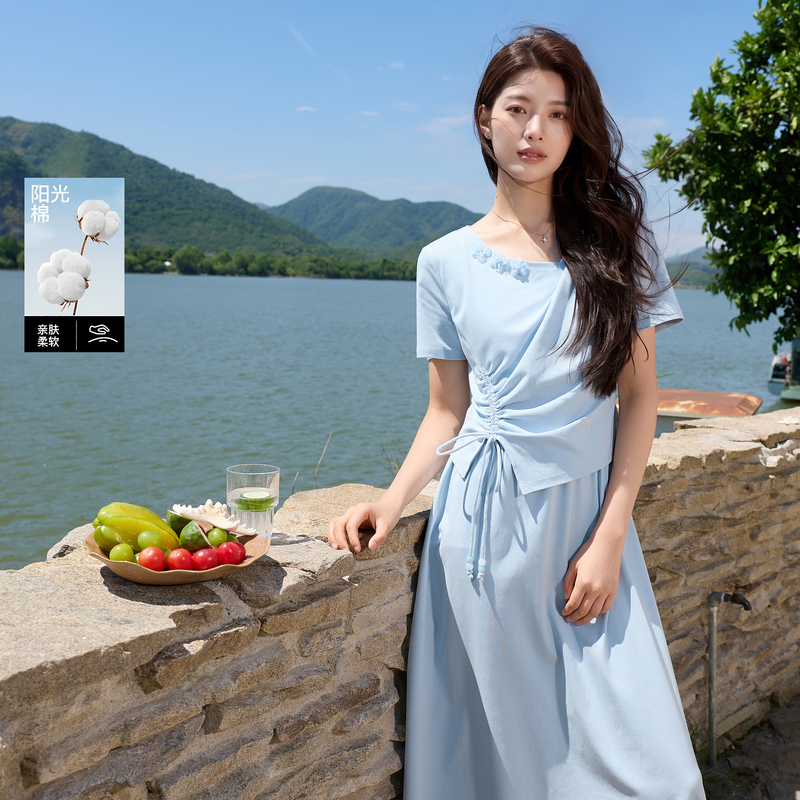 13582785.三彩若潮大码女装2026夏季新款假两件收腰棉连衣裙抽褶显瘦微胖MM