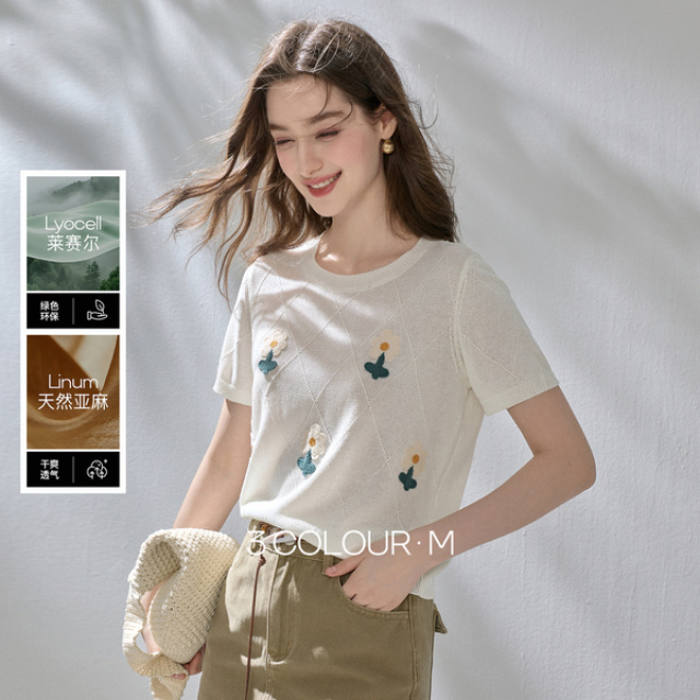 13579366.【莱赛尔亚麻】三彩2026夏季新款花朵针织衫圆领短袖套头衫上衣M