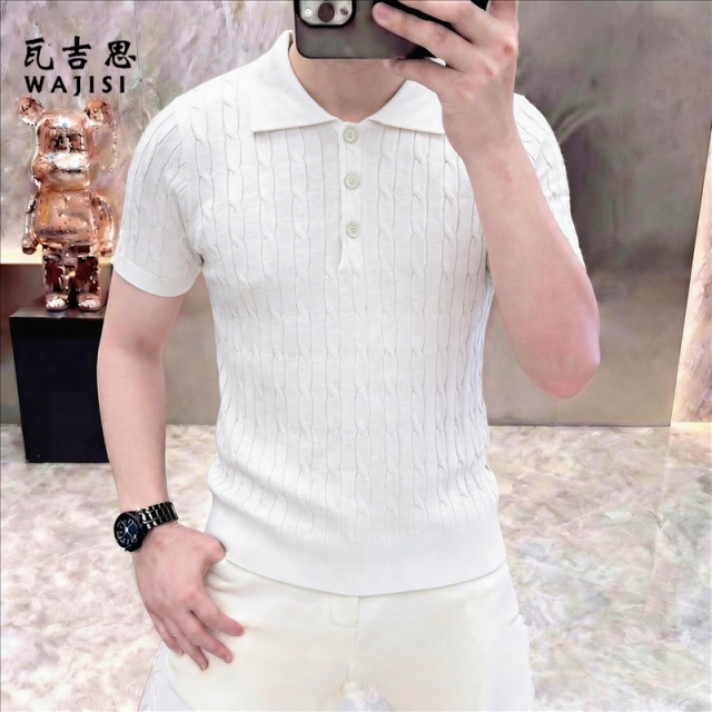 13585770.高端轻商务休闲翻领麻花Polo衫男夏季老钱短袖针织衫通勤百搭上衣