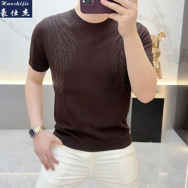 13583710.《百搭潮流》夏季新款高档潮流圆领针织短袖T恤男士潮流轻奢男装