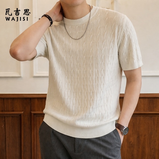 13585771.新款麻花短袖毛衣男圆领套头时尚休闲帅气薄款透气针织打底衫