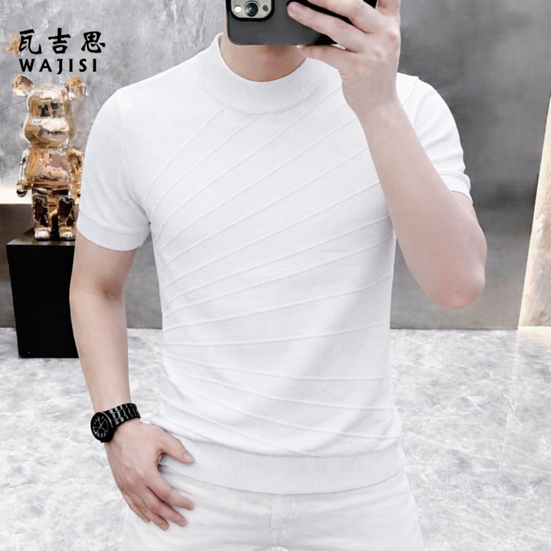 13585841.美式散线提花圆领针织短袖T恤男女复古休闲短款百搭上衣