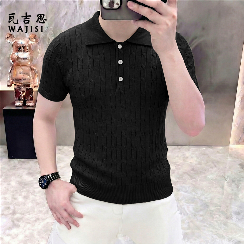 13585770.高端轻商务休闲翻领麻花Polo衫男夏季老钱短袖针织衫通勤百搭上衣