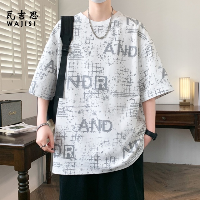 13585808.薄款夏季宽松百搭男士短袖t恤时尚短袖印花休闲显瘦爆款运动青年t
