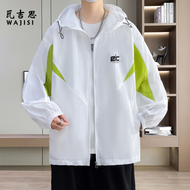 13585802.轻薄连帽外套男夏季新款网眼拼色运动夹克男青少年户外休闲皮肤衣