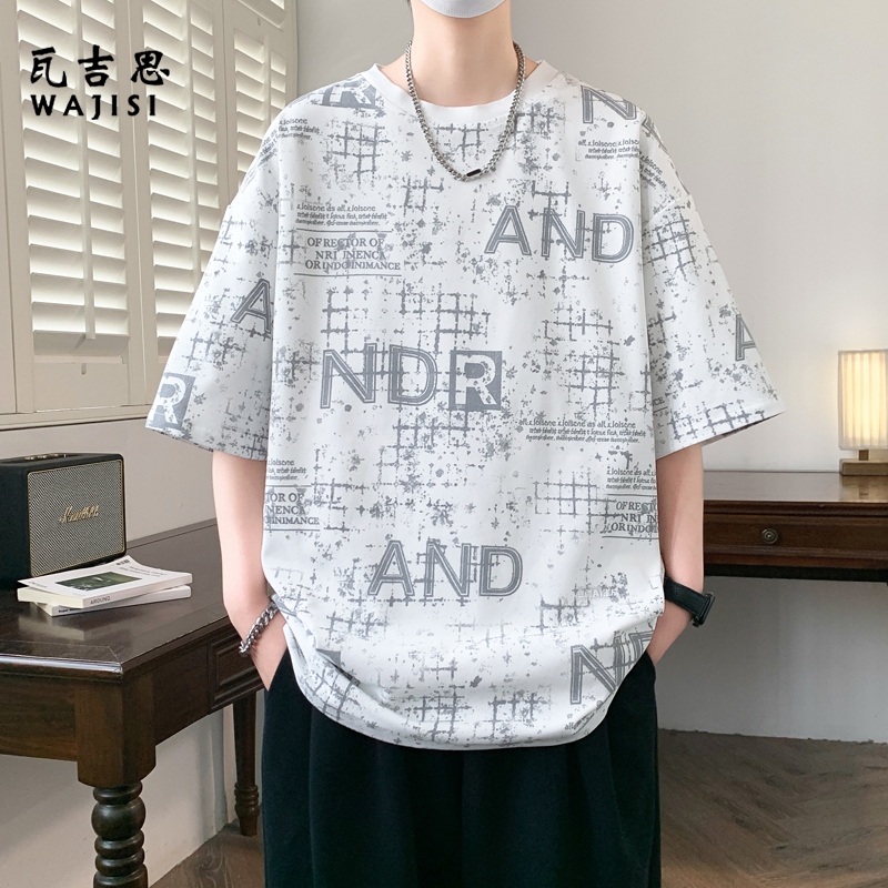 13585808.薄款夏季宽松百搭男士短袖t恤时尚短袖印花休闲显瘦爆款运动青年t