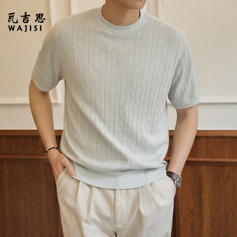 13585771.新款麻花短袖毛衣男圆领套头时尚休闲帅气薄款透气针织打底衫