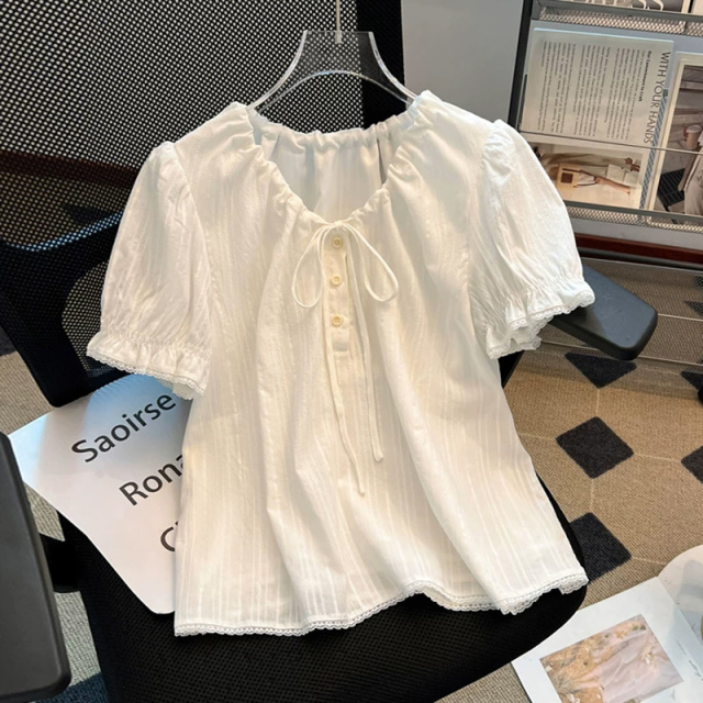 13585525.初云紫衣春夏装 女设计感百搭文艺洋气小花边v领绑带短袖上衣9522