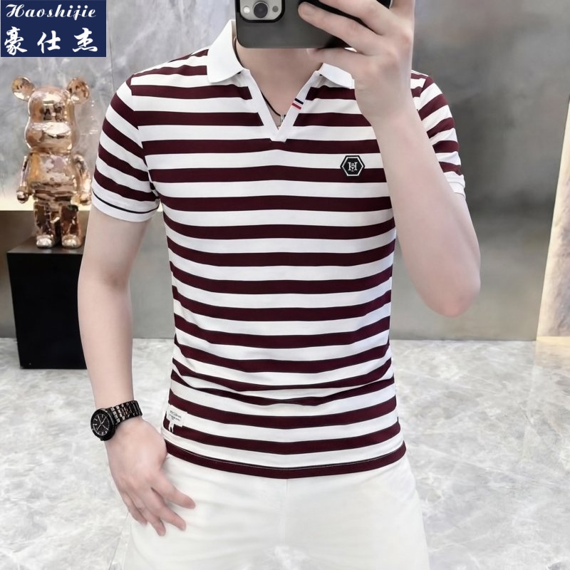 13583705.《时尚潮流》夏季新款休闲T恤男时尚条纹短袖打底衫