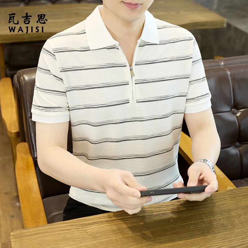 13585754.男士经典条纹POLO衫夏季拉链翻领短袖宽松透气休闲百搭上衣男