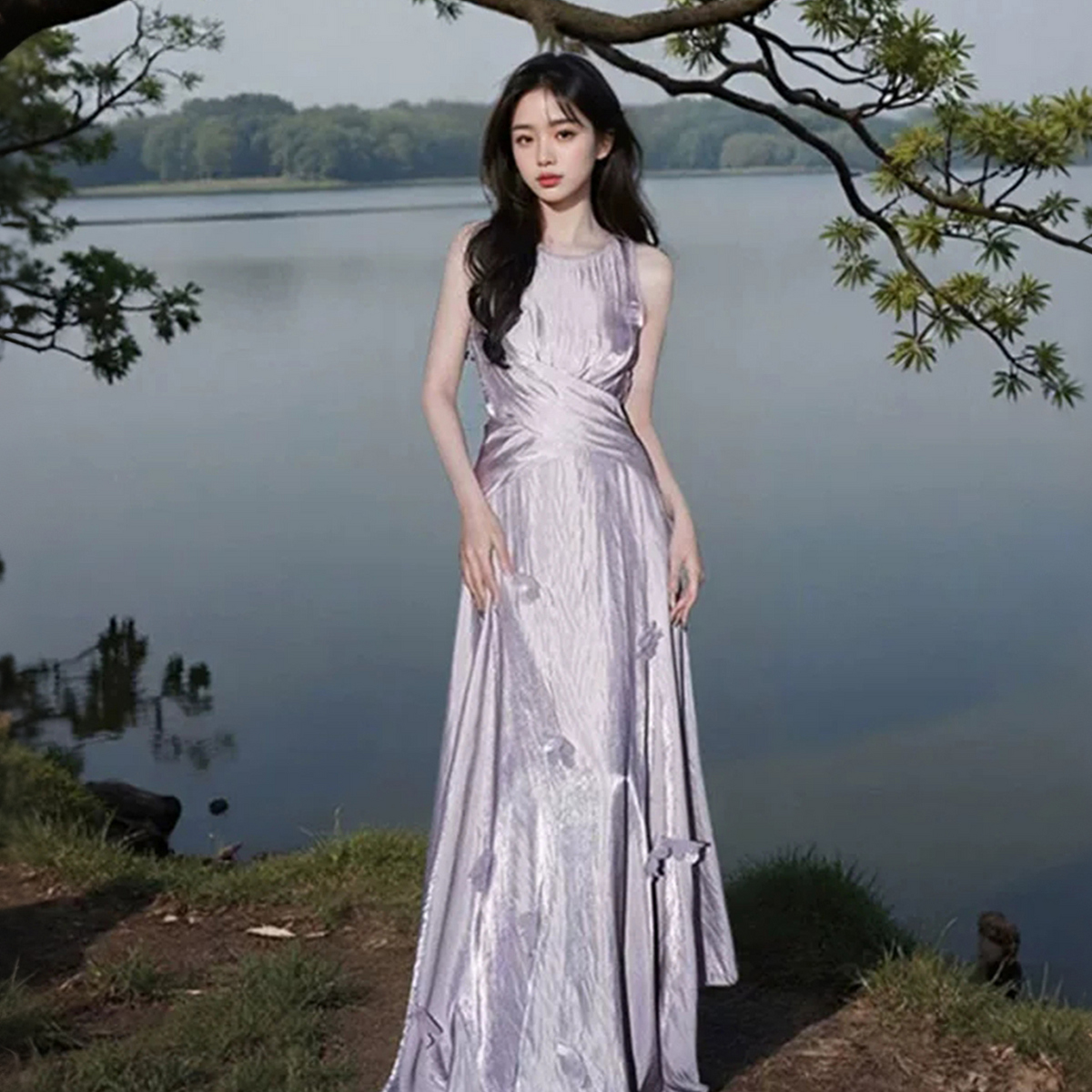 13587202.【流光套装】夏季浪漫立体花朵装饰无袖上衣A字裙两件套女高级感