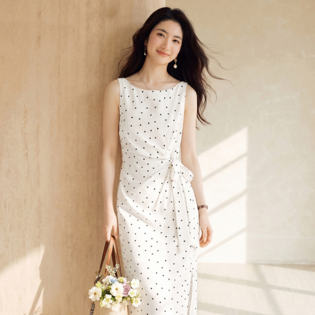13588419.曼贝气质波点连衣裙2026夏季新款女装绑带压褶无袖显瘦垂感雪纺裙
