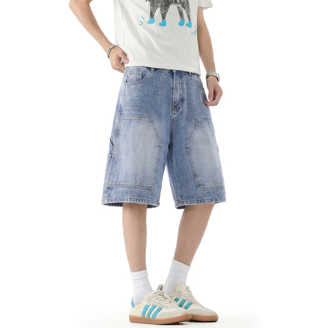 13589067.牛仔短裤男夏季潮牌美式复古做旧黑宽松直筒休闲工装五分中裤