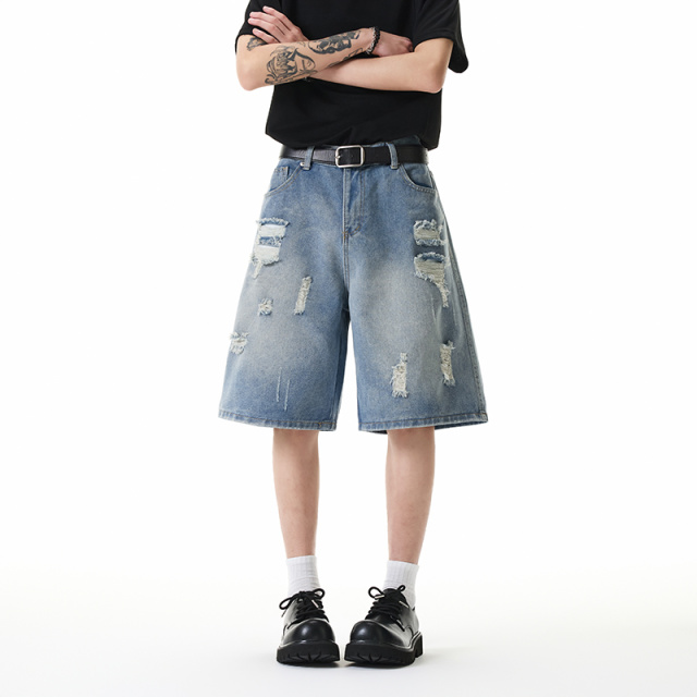 13589049.复古破洞牛仔短裤男夏季宽松直筒潮牌做旧水洗街头五分中裤