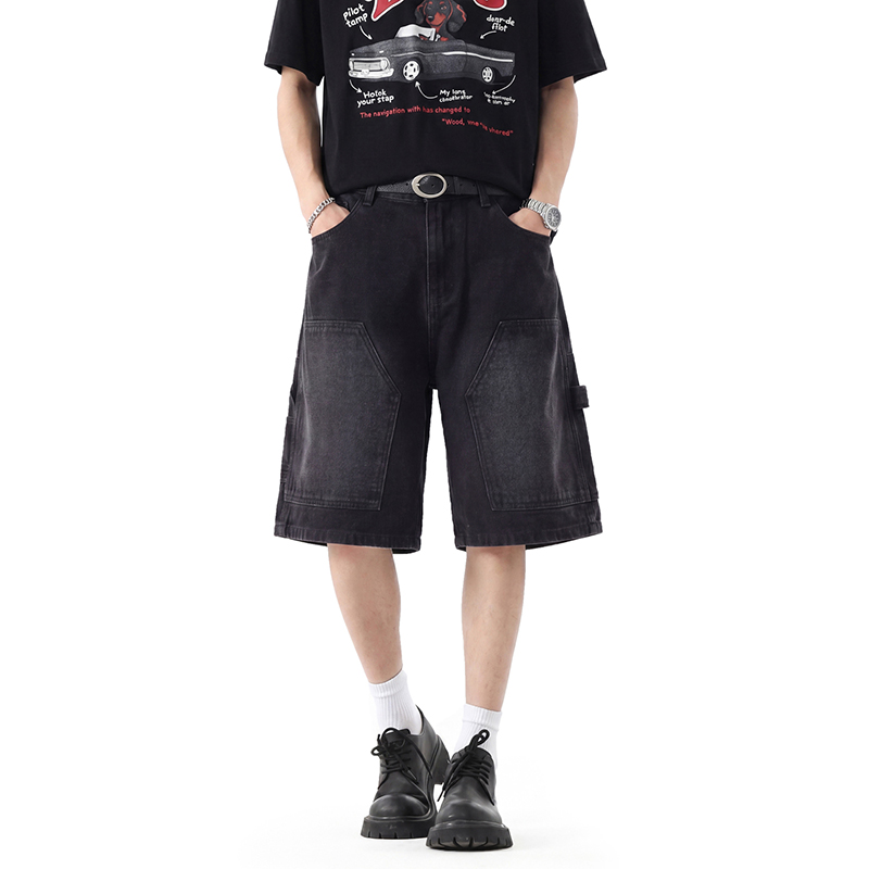 13589067.牛仔短裤男夏季潮牌美式复古做旧黑宽松直筒休闲工装五分中裤