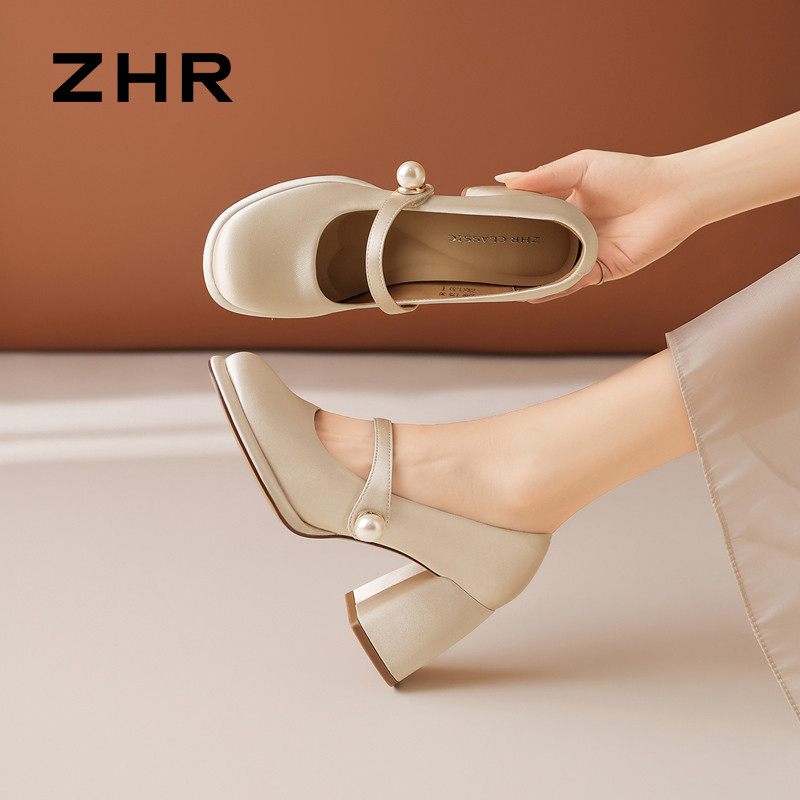 13844656.【ZHR则则】粗跟玛丽珍鞋圆头魔术贴粗跟女鞋[沙丁布]