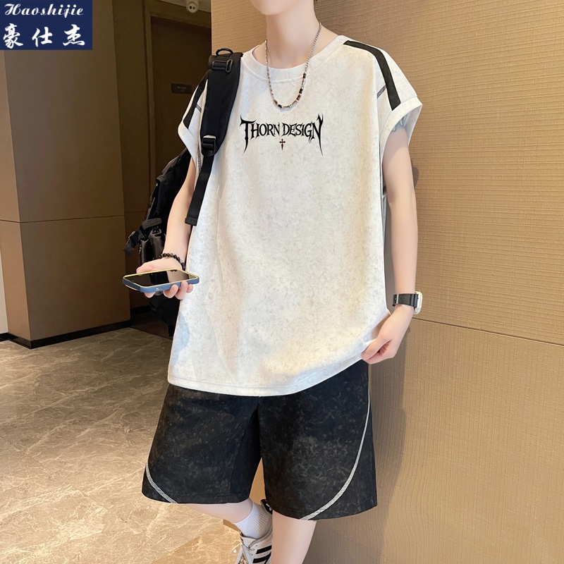 13591284.《简约时尚》夏季背心短裤套装男美式凉感坎肩休闲无袖五分裤套装