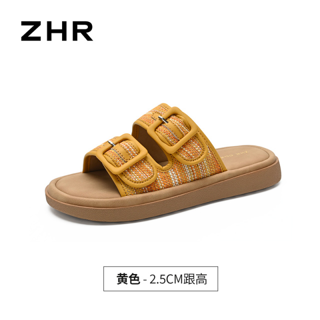 13590652.【ZHR则则】平底拖鞋露趾套脚平底女鞋[牛津布+PU]
