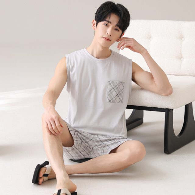 13649782.品彩【凉感降温冰丝螺纹】夏季冰爽舒适慵懒感男士家居服套装ZH3866