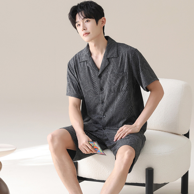 13649758.品彩【软绵绵皱布】帅气简约男士家居服开衫翻领短袖短裤套装ZH7521