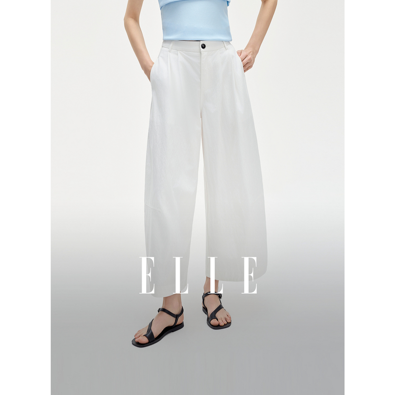 13597741.ELLE简约纯色灯笼哈伦裤都市通勤风宽松微阔高腰裤