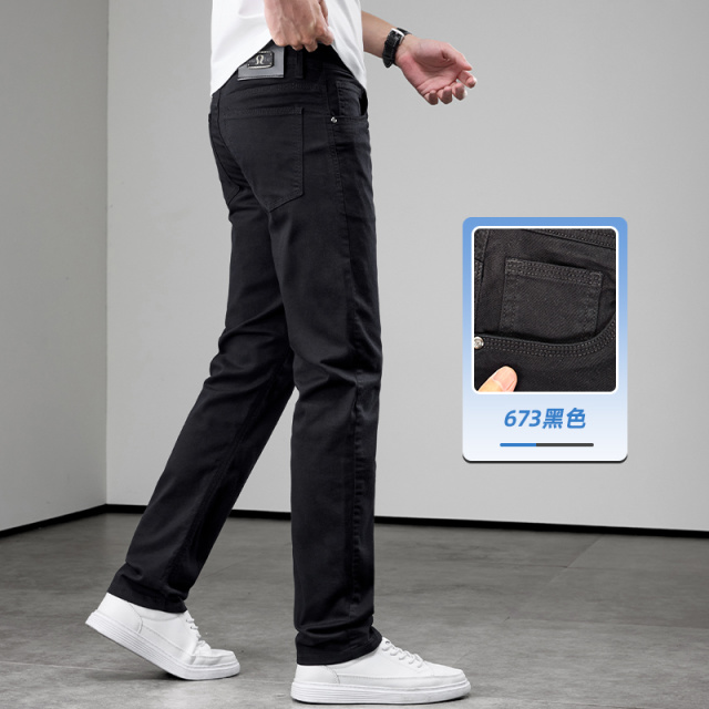 13594877.黑色牛仔裤男士2026年夏季薄款直筒弹力休闲潮牌修身小脚长裤子