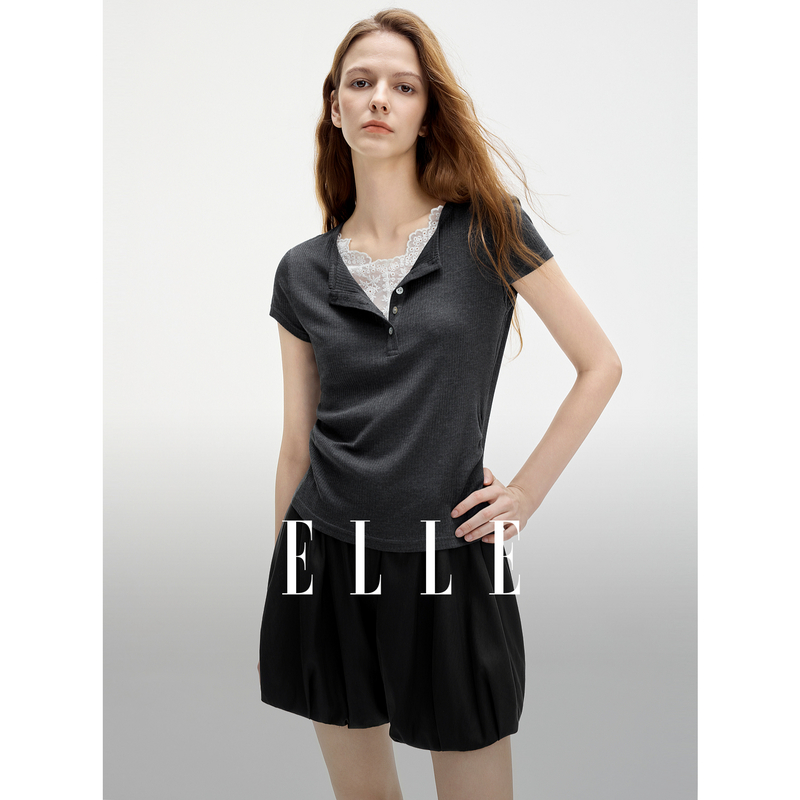 13597569.ELLE蕾丝拼接假两件修身女T优雅气质风上衣遮肉显瘦