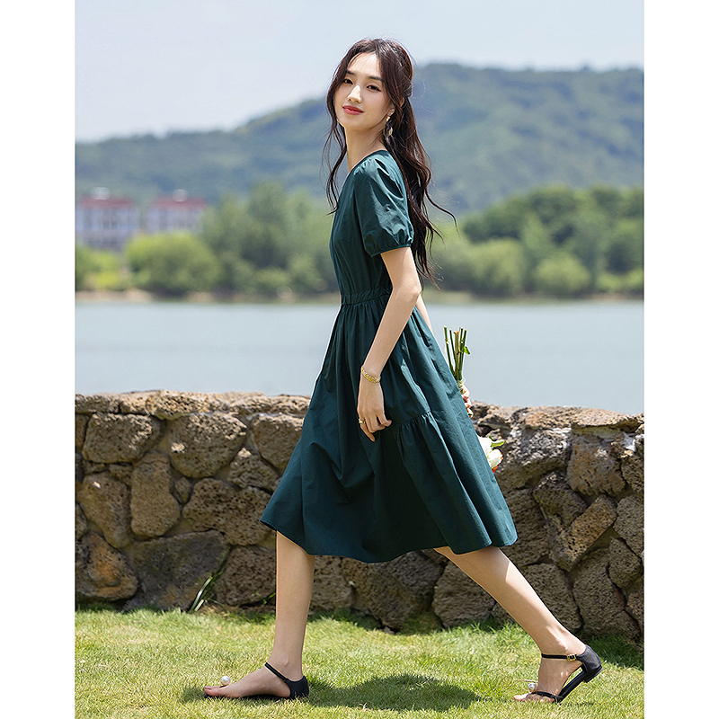 13597873.【纯棉之韵】夏季法式圆领短袖高腰娃娃裙A字小个子女式连衣裙