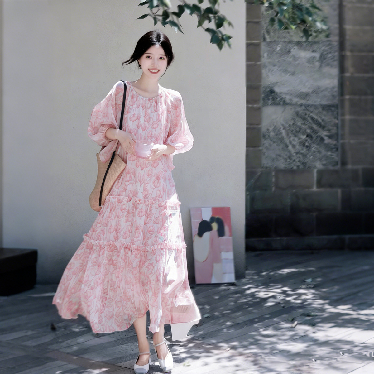 13596832.【法式浪漫】夏季甜美风印花圆领短袖轻盈飘逸A字连衣裙女高级感