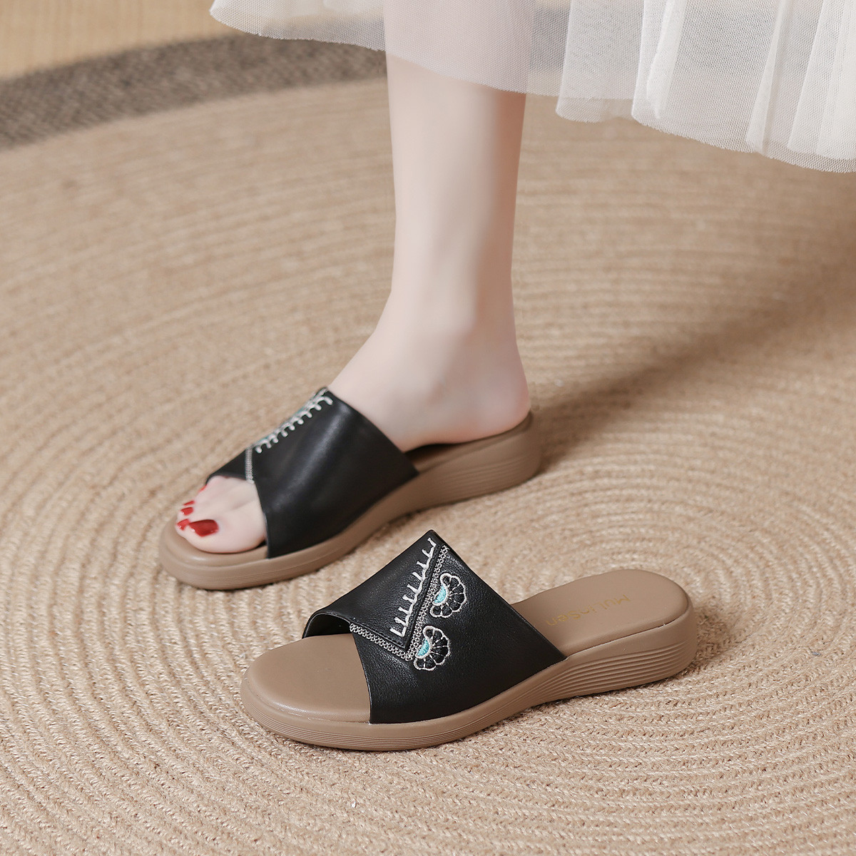 13597862.【头层牛皮】时装拖鞋女夏季舒适真皮拖鞋女鞋厚底沙滩拖鞋女