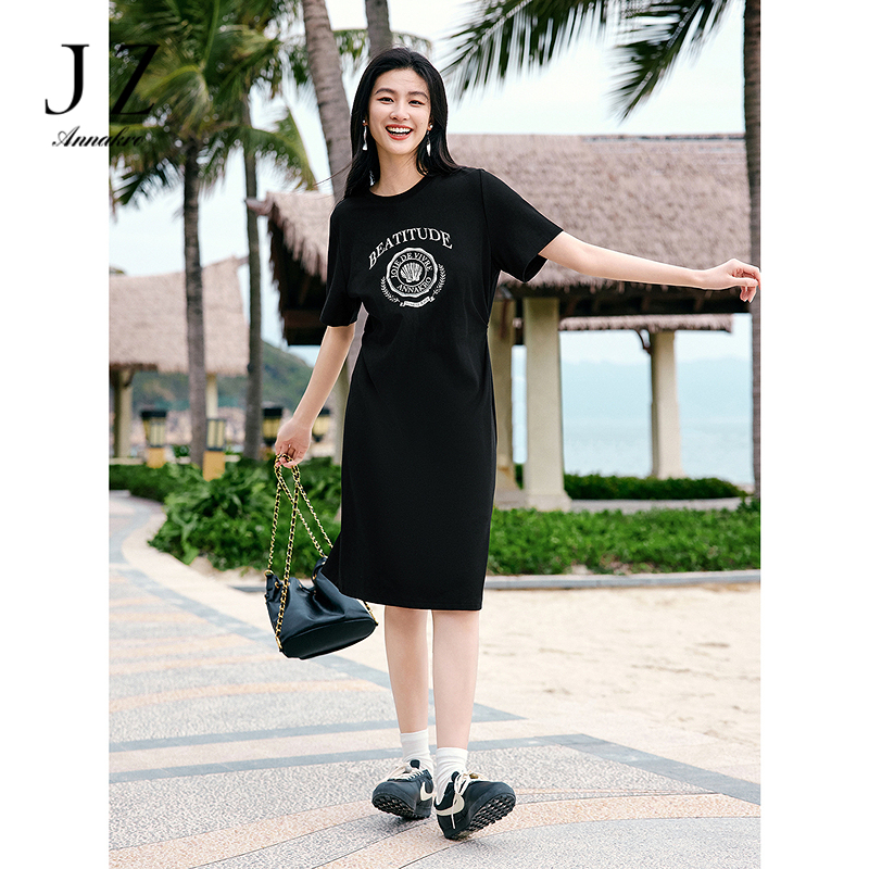 13599667.玖姿安娜蔻美式复古休闲学院风圆领棉收腰连衣裙女夏季新款