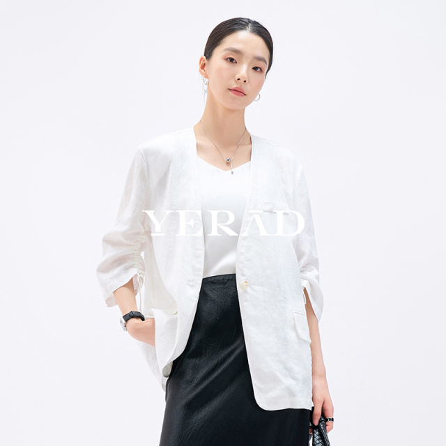 13599073.【娅丽达】100%亚麻·高级感七分袖西装外套女老钱风西服女