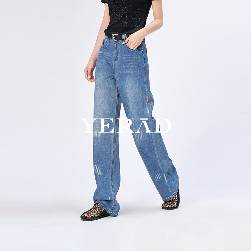 13599041.【娅丽达】棉感凉爽牛仔弯刀裤女复古宽松显瘦直筒牛仔裤